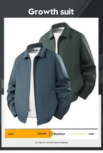Detail view of business casual jackets in dark blue and green with lapel collars
