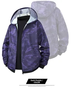 Macro detail of men's dark purple hooded jacket featuring artistic feather smoke patterns