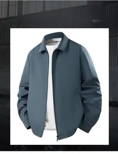 Detail view of a men's business casual jacket featuring a classic turn-down collar and zipper