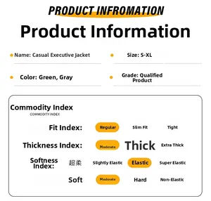 Detailed chart showing size S-XL, fabric elasticity, and fit for casual executive jacket
