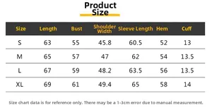 Detailed size chart for men business casual jacket including length and chest measurements