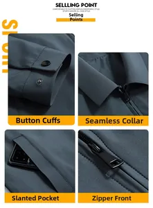 Detailed views of men's casual jacket showing button cuffs, seamless collar, and zip closure