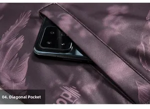 Macro detail of the slant pocket on this purple camouflage jacket with phone for scale
