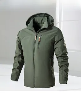 Detail of windproof dark green hooded jacket with vertical zipper and leather puller