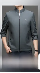 Close-up of gray men's stand collar jacket featuring fine vertical wave texture and logo
