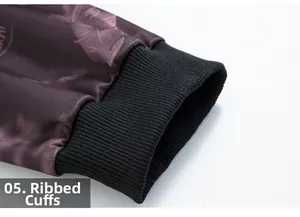 Detail shot of the ribbed cuff on a men's camouflage jacket with dark purple pattern