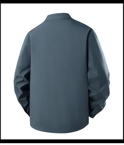 Detailed back view of a men's navy blue casual business jacket with standard turn-down collar