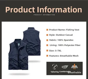 Dettaglio del gilet da pesca all'aperto con rete traspirante blu navy e tabella taglie