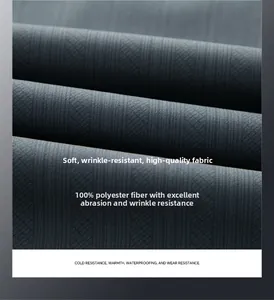 Detailed close-up of 100% polyester fabric texture on a premium men's jacket