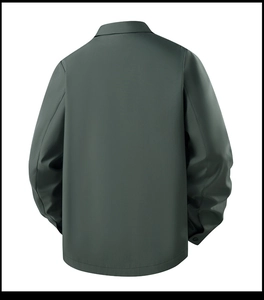Rear view of men's dark green casual business jacket with neat collar and crisp texture