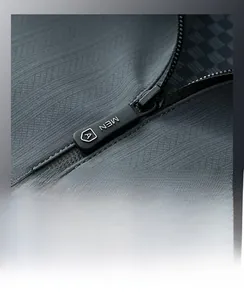 Detail of waterproof zipper and tech fabric on men's stand collar business jacket