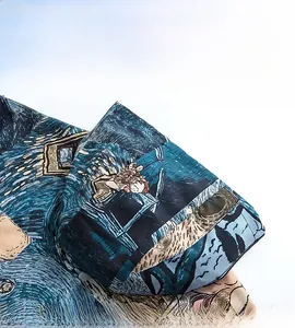 Detailed close-up of blue oil painting star pattern on 3D printed hoodie fabric
