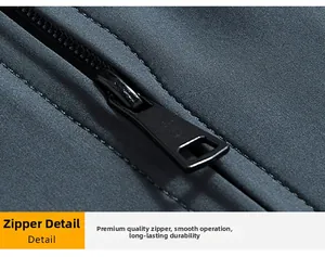 Close-up of the smooth black metal zipper detail on a dark business casual jacket
