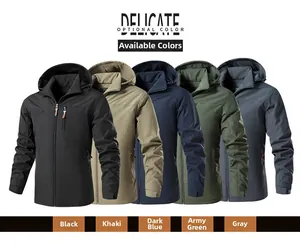 Men's outdoor hooded windbreaker jackets shown in five colors: black, khaki, and navy blue