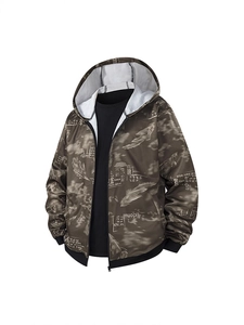 Men's casual hooded jacket featuring stylish feather camo print and front zipper