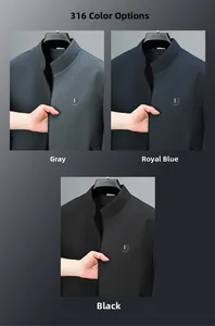 Detailed close-up of men's stand collar business jackets in grey, blue, and black colors