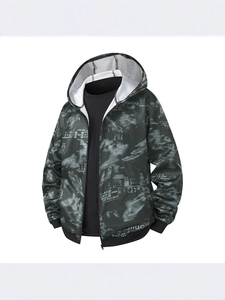 Men's hooded casual jacket featuring grey smoke gradient and white feather print