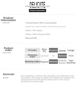 Detailed size chart and material specs for men's windproof jacket with 100% nylon shell