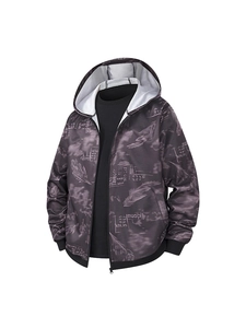 Men's hooded jacket with all-over feather pattern and artistic print in deep grey finish