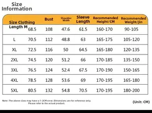 Detailed size chart for men's outdoor jacket ranging from sizes M to 5XL for perfect fit