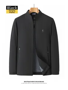 Detailed close-up of a black men's jacket featuring a stand collar and full zip closure