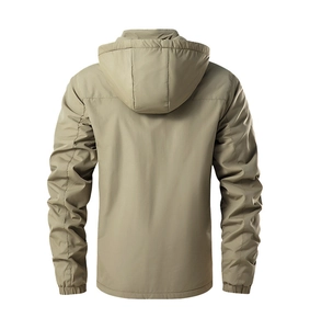 Rear view of khaki hooded outdoor jacket showing windproof fabric and elastic cuffs