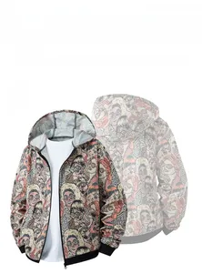Detail of street-style hoodie featuring colorful retro character digital print and ribbed cuffs