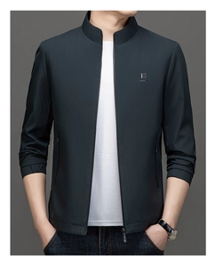 Detailed view of dark grey stand collar jacket featuring fine vertical stripe texture
