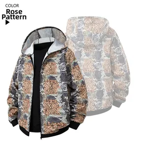 Detail of hoodie showing realistic rose flower print with black ribbed cuffs and hemline