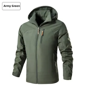 Detail of army green outdoor hooded jacket featuring waterproof fabric and chest zip pocket