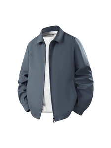 Men's minimalist grey-blue business casual jacket with turn-down collar and zipper closure