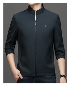 Detail of men's slim fit stand collar jacket with fine micro-texture fabric and metal zipper