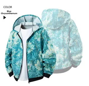Detail view of the Blue Daisy 3D print pattern on a full-zip hooded windbreaker jacket