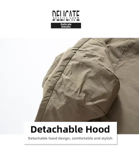 Detail of the men's outdoor jacket showing the removable hood and warm fleece lining