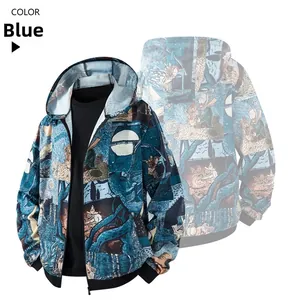 Detail view of the artistic starry night print and front zipper on the blue hoodie jacket