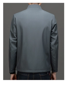 Detailed back view of a grey-blue business casual jacket with ribbed texture and stand collar