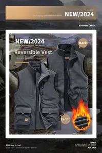 Detail of reversible men's vest showing military grey fabric and warm fleece lining