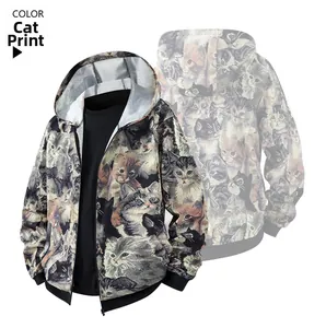 Detail of calico cat print on long sleeve zip-up hoodie featuring detailed cat graphics