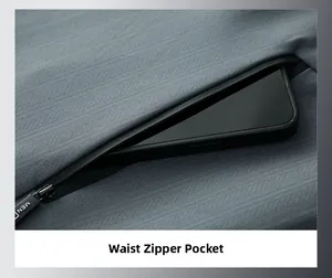 Detail view of the gray-blue jacket featuring a functional side zipper pocket for a phone