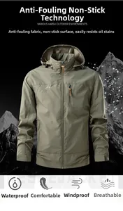 Detailed view of army green outdoor jacket featuring waterproof and windproof technology