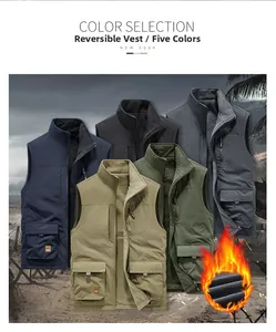 Detail view of five colors of reversible fleece-lined vests for outdoor activities