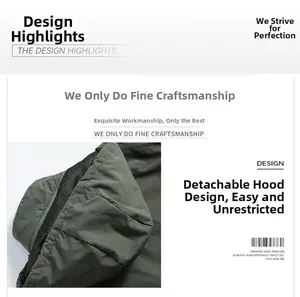 Detail view of olive green outdoor jacket featuring a detachable hood and mesh lining