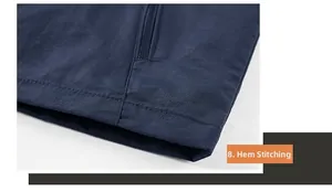 Dettaglio delle cuciture dell'orlo e della cerniera sulla giacca outdoor blu