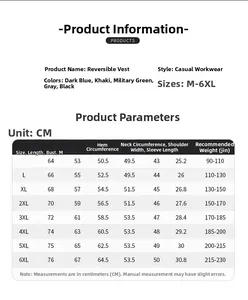 Detailed size chart for men's reversible fleece vest from size M to 6XL in centimeters