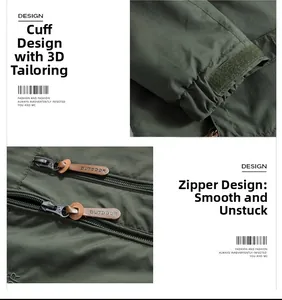 Detail view of dark green outdoor jacket featuring adjustable velcro cuffs and leather zipper