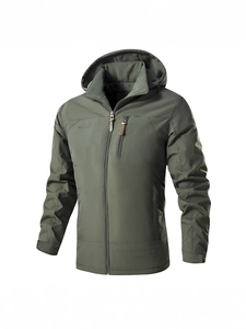 Men's olive green outdoor windbreaker jacket with hooded design and front zipper