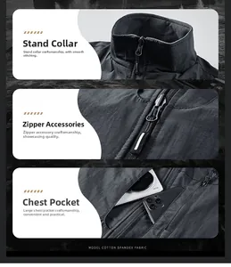 Detail of high collar and large functional zipper pockets on double-sided men's vest