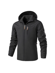 Men's black outdoor windproof hooded jacket with mountain embroidery and zip pockets