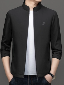 Men's black business casual jacket with stand-up collar and sleek logo detail