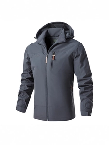Men's dark grey hooded outdoor mountain jacket with windproof fabric and zip pockets
